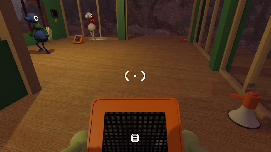 A screenshot from Big Walk showing your character holding a speaker in first person perspective, standing inside a room with lots of windows.